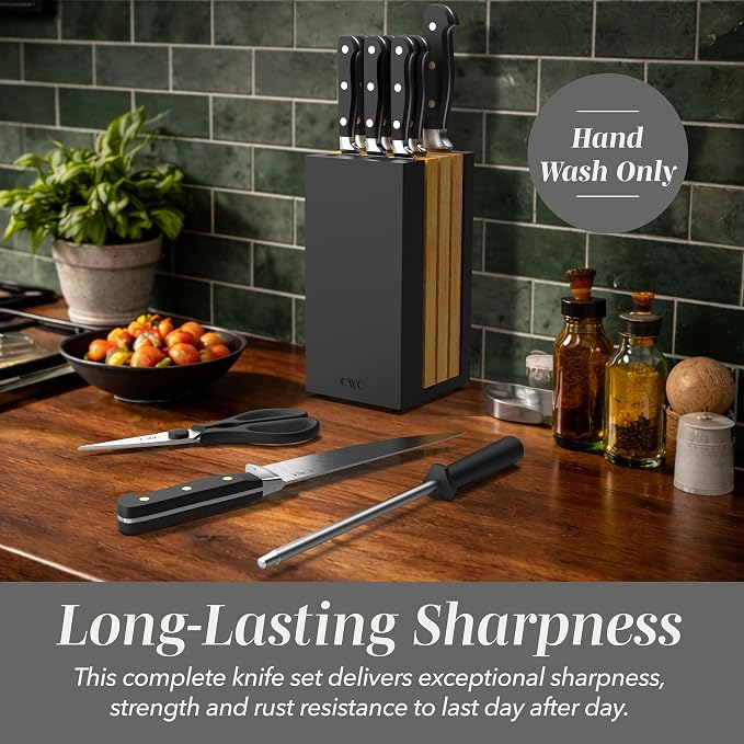 COOK WITH COLOR 14 Pieces Kitchen Knife Block Set, Knives for Kitchen, Forged Cutlery with Razor-Sharp High Carbon Steel Blades, Magnetic Block