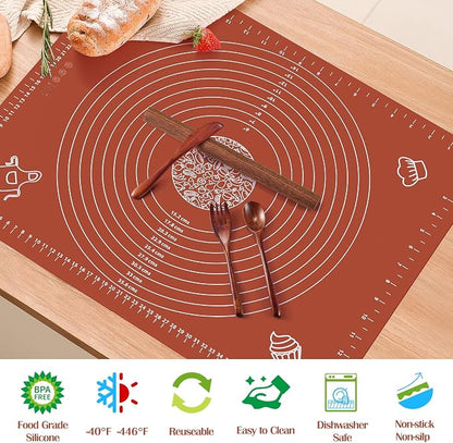 6PCS Silicone Baking Mat Set, Pastry Mat with Measurements Wooden Rolling Pin/Knife/Fork/Spoon/Scraper, Pasta Cutter,Non-slip Silicone Mat, Non-Stick Dough Mat for Counter,Kneading Mat Set,20"*16"