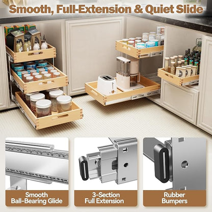 Pull Out Drawers for Cabinets 21"W x 21"D, Slide Out Wood Drawer Shelf, Heavy Duty Caddy Pull Out Cabinet Organizer, Base Cabinet Organization for Kitchen, Pantry