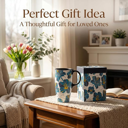 Topadorn 17oz Teal Hibiscus Ceramic Travel Mug with Lid, Floral Coffee Cup with Handle, Spill Resistant Lid, Microwave & Dishwasher Safe, Gift Box Included