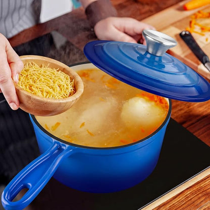 2 Quart Saucepan with Lid, Leonyo Enameled Cast Iron Dutch Oven Pot, Non Stick Small Cooking Pots Kitchen Induction Cookware for All Cooktops Cooking Pasta, Soup, Ramen - Up to 500°F, Dark Blue