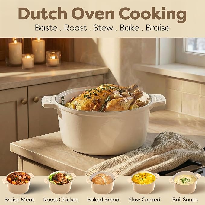 Dutch Oven 5 Qt with Lid, Lightweight Aluminum Nonstick Ceramic Pot, Gotham Steel Dutch Oven for Bread Baking, PFOA & PFAS Free, 500°F Rated, Dishwasher Safe, Induction Compatible - Cream