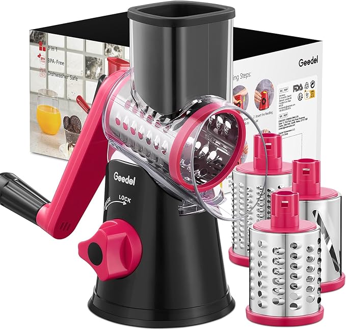 Geedel Rotary Cheese Grater, Kitchen Mandoline Vegetable Slicer with 3 Interchangeable Blades, Easy to Clean Rotary Grater Slicer for Cheese, Vegetables, Nuts