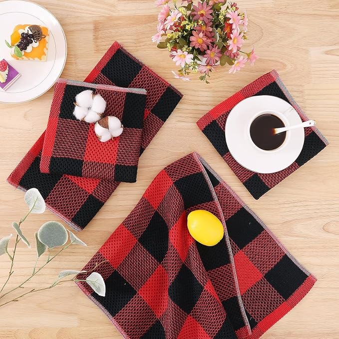 Homaxy Kitchen Towels and Dishcloths Set, 12 x 12 and 13 x 28 Inches, Set of 10 100% Cotton Waffle Weave Check Plaid Kitchen Dish Towels, Super Soft and Absorbent Dish Cloths, Black & Red