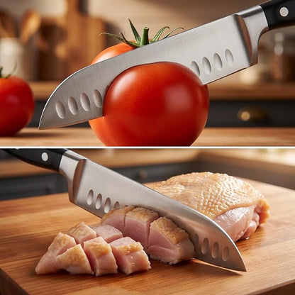 7 Inch High Carbon Steel Santoku Knife, Triple Rivet Kitchen Knives with Ergonomic Handle, Ultra Sharp Japanese Knife for Slicing, Dicing, Chopping Vegetables Meat and Fish
