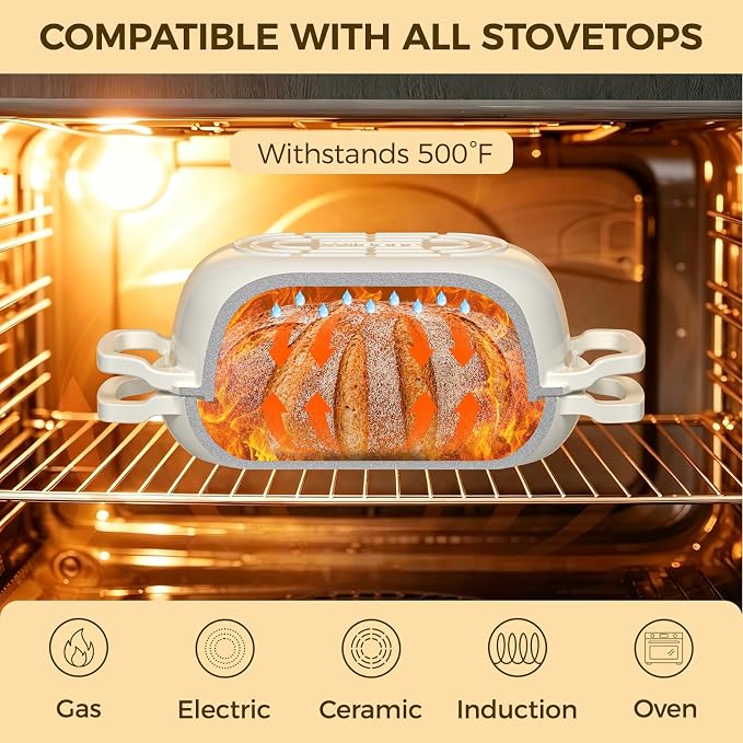 Enameled Cast Iron Dutch Oven Pot with Lid, Wildone 5.5QT Bread Oven for Homemade Sourdough Bread Baking with Cotton Potholders, Oven Safe up to 500°F, Cream White