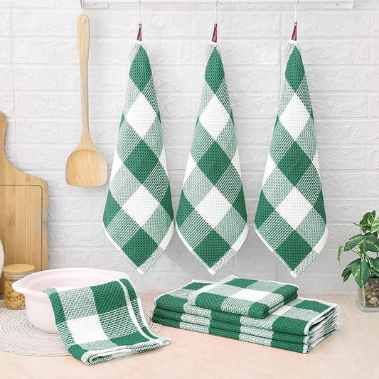 Homaxy Kitchen Towels and Dishcloths Set, 12 x 12 and 13 x 28 Inches, Set of 12 100% Cotton Waffle Weave Check Plaid Kitchen Dish Towels, Super Soft and Absorbent Dish Cloths, White & Dark Green
