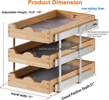 DINDON 3 Tier Pull Out Cabinet Organizer 11” W X21” D Slide Out Wood Drawer With Shelf Liner For Kitchen Pantry Organization
