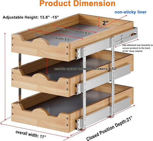 DINDON 3 Tier Pull Out Cabinet Organizer 11” W X21” D Slide Out Wood Drawer With Shelf Liner For Kitchen Pantry Organization
