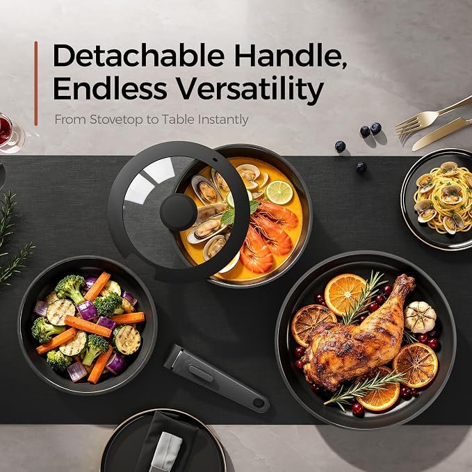 16PCS Pots and Pans Set Non Stick, Diamond-Titanium Ceramic Cookware Set & 3 Layer Stainless Steel with Detachable Handle, Induction Cookware, Non Toxic Oven/Dishwasher Safe, Black