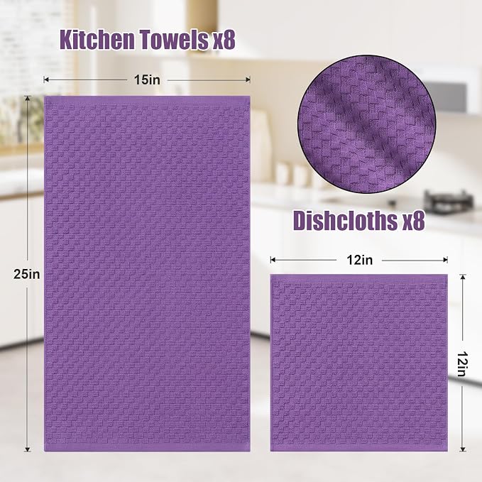 Homaxy 100% Cotton Kitchen Towels and Dishcloths Set, 12 x 12 & 15 x 25 Inches, Set of 16 Bulk Terry Cloth Dish Towels, Super Soft and Absorbent Hand Towel with Hanging Loop, Purple