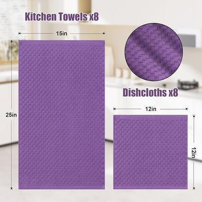 Homaxy 100% Cotton Kitchen Towels and Dishcloths Set, 12 x 12 & 15 x 25 Inches, Set of 16 Bulk Terry Cloth Dish Towels, Super Soft and Absorbent Hand Towel with Hanging Loop, Purple
