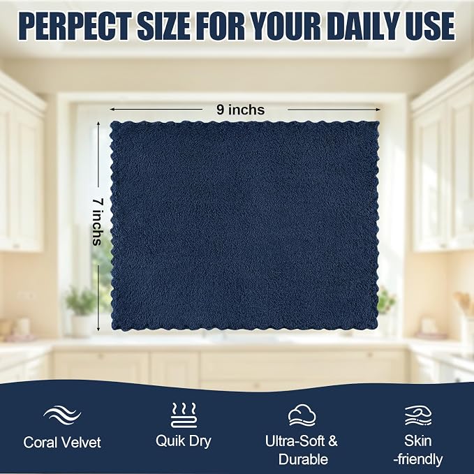 Kitinjoy 24 Pack Kitchen Cloths Dish Towels (7" x 9", Navy Blue), Super Soft and Absorbent Dish Cloths, Nonstick Oil Fast Drying Coral Velvet Microfiber Cleaning