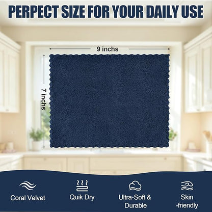 Kitinjoy 24 Pack Kitchen Cloths Dish Towels (7" x 9", Navy Blue), Super Soft and Absorbent Dish Cloths, Nonstick Oil Fast Drying Coral Velvet Microfiber Cleaning