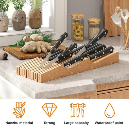 In-Drawer Knife Block Organizer - Bamboo Wood Drawer Knife Organizer-Protecting Knife Organizer Block (Not Included) (Natural, 13 Knives Dock)