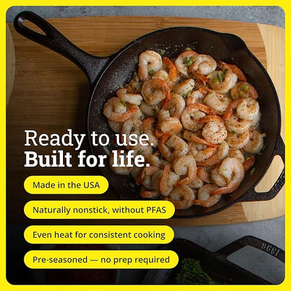 Lodge Seasoned Cast Iron Skillet 10.25 Inches - PFAS-Free, Non-Toxic Cookware - Use with an Oven, Stove, Grill, or Campfire - Naturally Non-Stick & Oven Safe