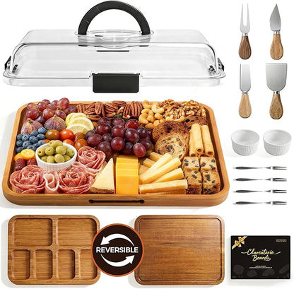 Renmxj Charcuterie Boards with Lid Gift Set, 2 in 1 Travel Portable Cheese Board with Knives Set, Carbonized Bamboo Charcuterie Tray, Housewarming Gifts New Home, Picnic, Wedding Gifts, Black Handle