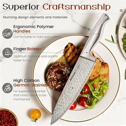 Astercook Knife Set, 15-Piece Kitchen Knife Sets with Built-in Sharpener Block, German High Carbon Stainless Steel Knives, Dishwasher Safe, Ergonomic Full-Tang Handle, Perfect Holiday Gifts