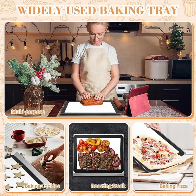 Ziliny 2 Pcs Large Flat Cookie Sheets No Edges and 2 Pcs Silicone Baking Mats Aluminum Cookie Pan with Baking Mats Reusable Rectangular Oven Trays for Cooking Desserts Cupcakes, 16" x 13"