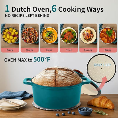 Enameled Cast Iron Dutch Oven with Lid&Silicone Grip, Round Casserole Pot for Bread Baking, Braising, Roasting,Stews,Heavy-Duty Baking Pan,Oven Safe, Induction Compatible (4.7QT,Lagoon)