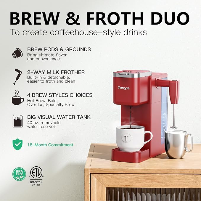 Tastyle 330MF Single Serve Coffee Maker with Built-in Detachable Milk Frother, Iced and Hot Coffee Machine for K Cup & Grounds, 40oz Removable Water Reservoir, 6 Cup Sizes, Fits 7.3" Travel Mug, Red