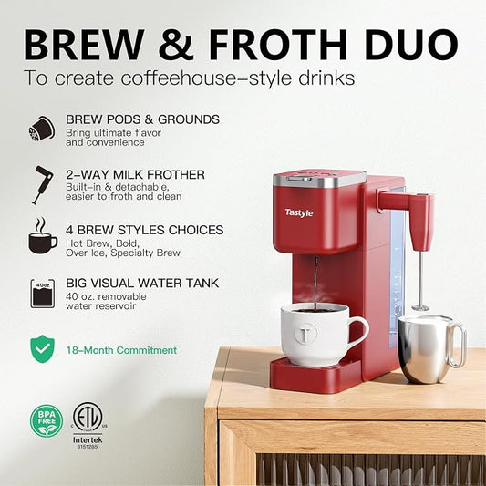Tastyle 330MF Single Serve Coffee Maker with Built-in Detachable Milk Frother, Iced and Hot Coffee Machine for K Cup & Grounds, 40oz Removable Water Reservoir, 6 Cup Sizes, Fits 7.3" Travel Mug, Red