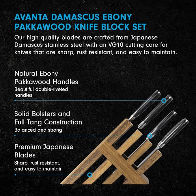 Messermeister Avanta Damascus 10-Piece Ebony Pakkawood Knife Block Set - Japanese Damascus Stainless Steel - 4 Speciality Knives, Heavy-Weight Fork, 4 Steak Knives & Magnetic Knife Block