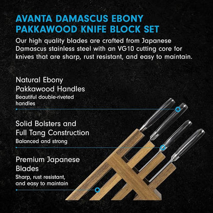 Messermeister Avanta Damascus 10-Piece Ebony Pakkawood Knife Block Set - Japanese Damascus Stainless Steel - 4 Speciality Knives, Heavy-Weight Fork, 4 Steak Knives & Magnetic Knife Block