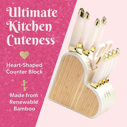 10-Piece Heart Knife Set – Stainless Steel Blades with Acrylic Block for Modern Kitchen Décor (White Iridescent)