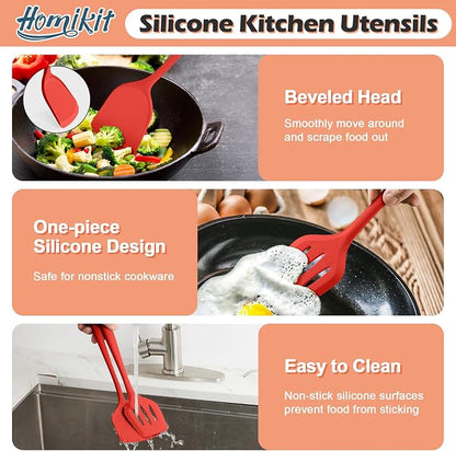 Homikit Kitchen Cooking Utensils Set with Holder, 15-Piece Silicone Spatula Set for Nonstick Cookware, 446°F Heat Resistant Spoon Turner Tong Whisk Brush for Cooking and Baking-Red