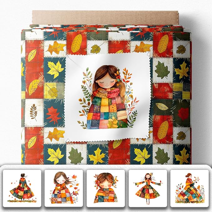 Autumn Girls Patchwork Cotton Fabric Panel – 6 Designs (10×10 inch Each) + Bonus Patchwork Sheet 29.5×19.6 inch, 100% Cotton 140 GSM