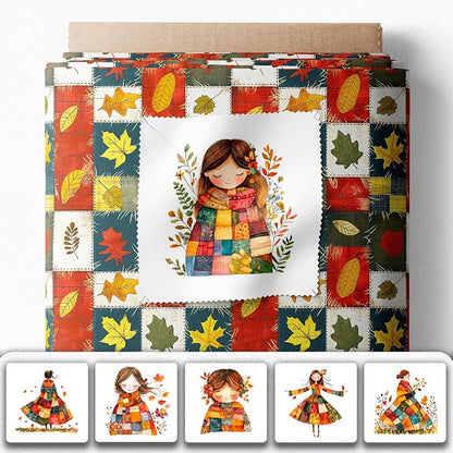 Autumn Girls Patchwork Cotton Fabric Panel – 6 Designs (10×10 inch Each) + Bonus Patchwork Sheet 29.5×19.6 inch, 100% Cotton 140 GSM