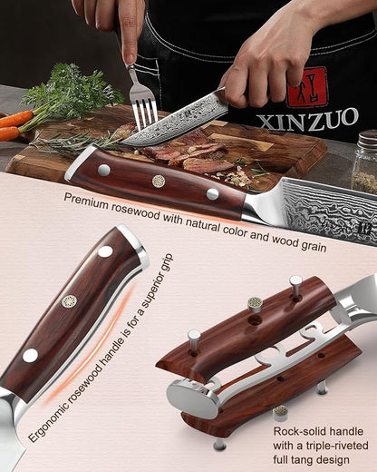 XINZUO 5Pcs Steak Knives Set, Non Serrated Dinner Knives with Drawer Knife Holder,67-layer Damascus Steel Kitchen Knife with Rose Wood Handle, Acacia Wood Knife Block