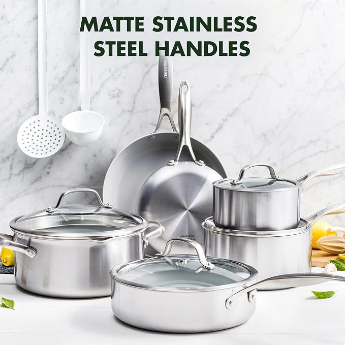 GreenPan Venice Pro 10 Piece Cookware Set, Stainless Steel Non-Toxic PFAS-Free with Ceramic Nonstick Coating, Induction Suitable, Glass Lids, Multi Clad, Dishwasher & Oven Safe, Silver