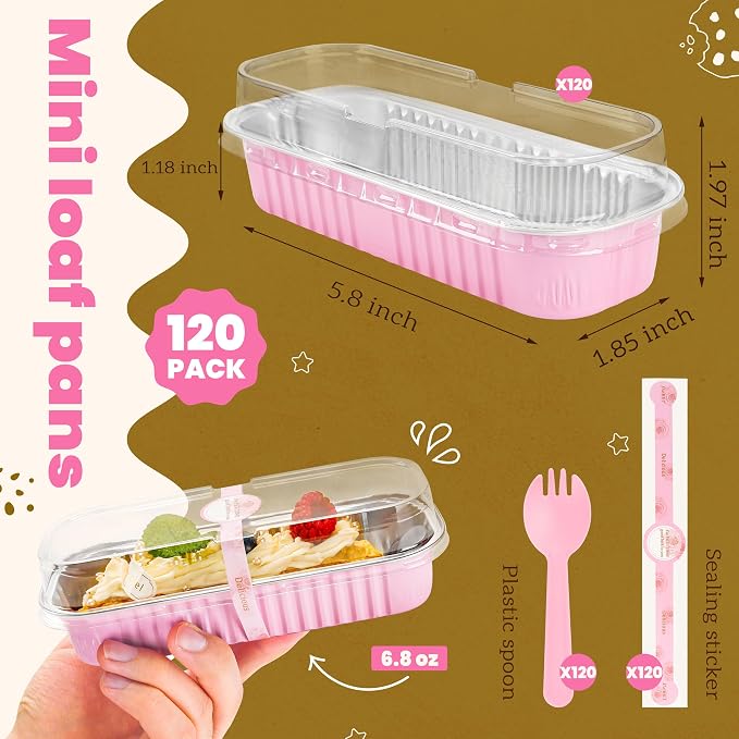 NPLUX Mini Loaf Pans with Lids and Spoons Rectangular Aluminum Foil Baking Pans Mini Cheesecake Containers 6.8oz, Graduation Gifts Party Favors(120 Pack, Pink)