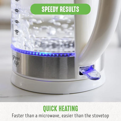 GreenLife 1.7 Liter Glass Electric Kettle, Easy One Touch Use, Quick Heating, Filtered Spout, LED Base, Auto Shut-Off, Cordless Serving, Coffee and Tea, White