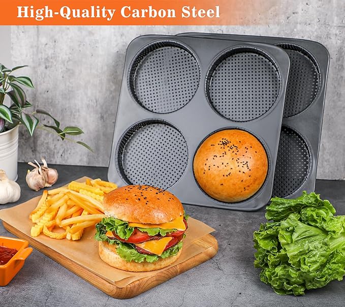 Webake 5" Large Hamburger Bun Pan, Nonstick Bun Pans for Baking, Heavy Gauge Carbon Steel, Homemade Burger Set of 2
