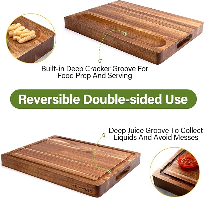 Acacia Wood Cutting Board for Kitchen, 1.5” Thick Chopping Board with Juice Groove, Sorting Compartment Charcuterie Board, 16x12x1.5 Inch Butcher Block