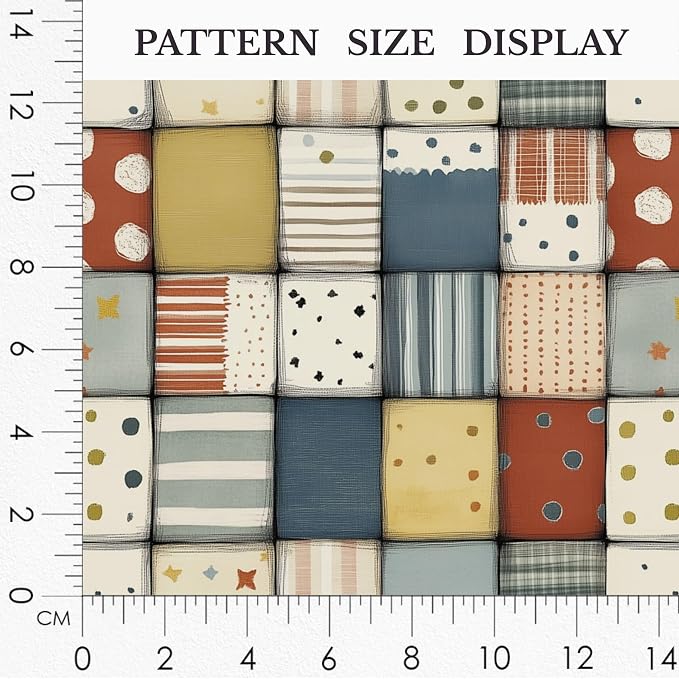 Soft Neutral Patchwork Cotton Fabric Panel 61 x 36.6 Inches, Minimal Geometric Quilt Pattern, Beige Blue Mustard Tones, 100% Cotton 140 GSM