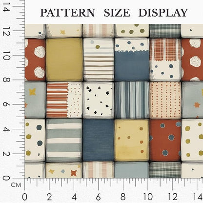 Soft Neutral Patchwork Cotton Fabric Panel 61 x 36.6 Inches, Minimal Geometric Quilt Pattern, Beige Blue Mustard Tones, 100% Cotton 140 GSM