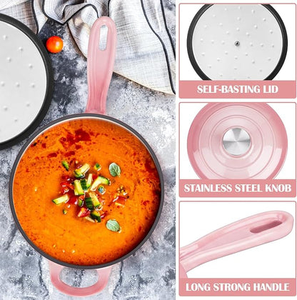 E-far Enameled Cast Iron Sauce Pan, 2 Quart Dutch Oven Saucepan with Lid, Small Sauce Pot for Cooking, Boiling, Healthy & Non Toxic, Induction & Oven Safe, Pink
