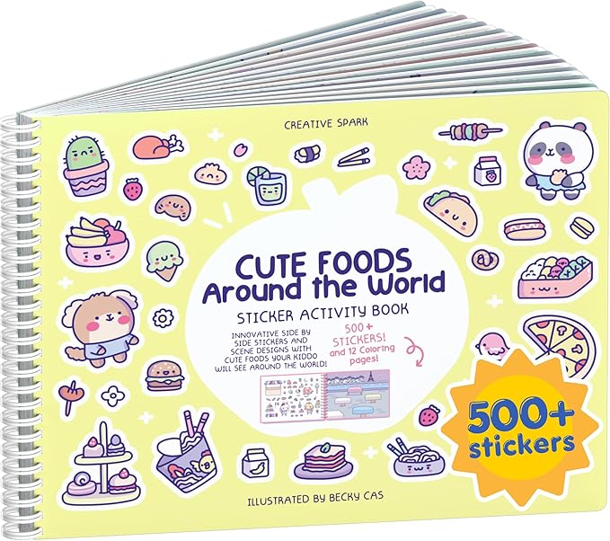 Cute Foods Around The World 500+ Sticker Book for Girls by Cupkin Toddler Airplane Activity Coloring + Sticker Book, Road Trip Essentials, 12 Coloring Pages + Scenes for Ages 2–8 Years