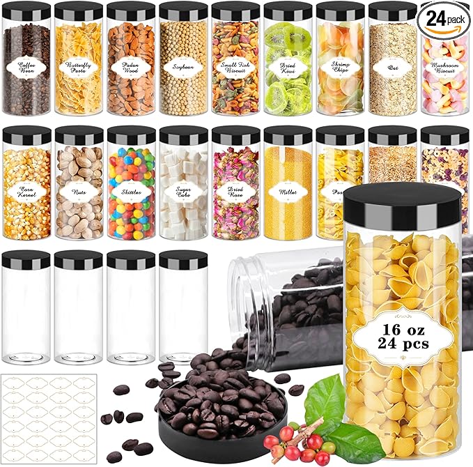 PeacePeo Plastic Jars with Lids 16 OZ, Plastic Jars 24 Pcs Slime Containers with Airtight Screw On Lids Leak Proof Clear Storage Containers Jar Empty for Kitchen & Household Food Storage