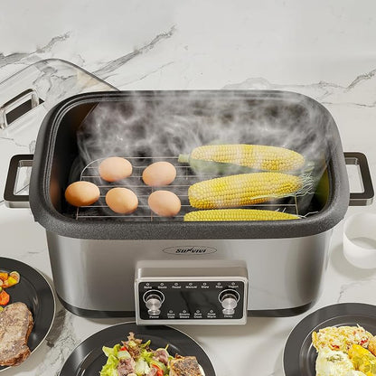 12-in-1 Programmable Slow Cooker, 8 Quart Digital Multi-Cooker Food Warmer with Timer, Temp Control & Auto Shut Off, Removable Non-Stick Pot, Dishwasher-Safe Glass Lid, Stainless Steel