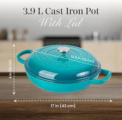 Shallow Cast Iron Casserole with Lid – Non Stick Dutch Oven Pot, Oven Safe up to 500° F – Sturdy Ovenproof Stockpot Cookware – Enamelled Cooking Pot – Teal, 5-Quart, 32cm – by Nuovva