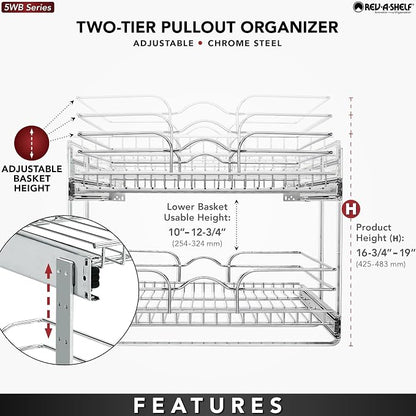 Rev-A-Shelf 2-Tier Pullout Shelf and Drawer Organizer for Kitchen Cabinets, Slide Out Storage Basket, Min Opening Width of 20.5", 21" x 22", 5WB2-2122CR-1