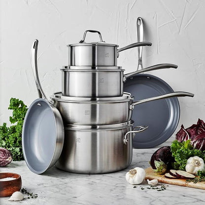 ZWILLING Spirit 3-ply 10-pc Stainless Steel Ceramic Nonstick Pots and Pans Set, Dutch Oven, Fry Pan