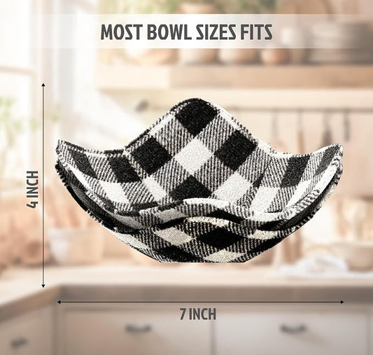 Set of 2 Microwave Bowl Cloth Hot Pads with Black and White in A Cage - Pot Holder or Microwavable Bowl Cozies - Protector for Heat Soup or Food Meals - Multipurpose Heat Resistant Plate Holders