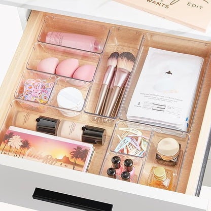 Vtopmart 66 PCS Clear Plastic Drawer Organizer Bins, 4-Size Versatile Bathroom and Vanity Organizer Trays, Acrylic Storage Containers for Makeup, Jewelry, Toiletry, Kitchen Utensils and Office Supply