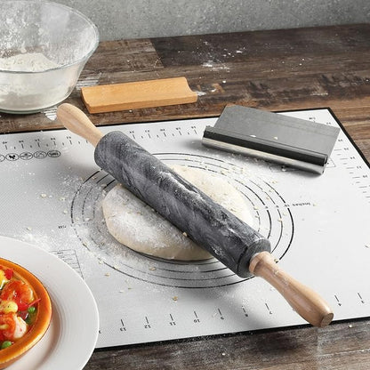 African Natural Marble Rolling Pin, Non-Stick Polished Dough Roller, Pasta, Dumpling, Fondant, Pie Crust, Bread, Pizza Dough, Kitchen Baking Pastry Tools with Mat/Scraper(Monte Grigio)